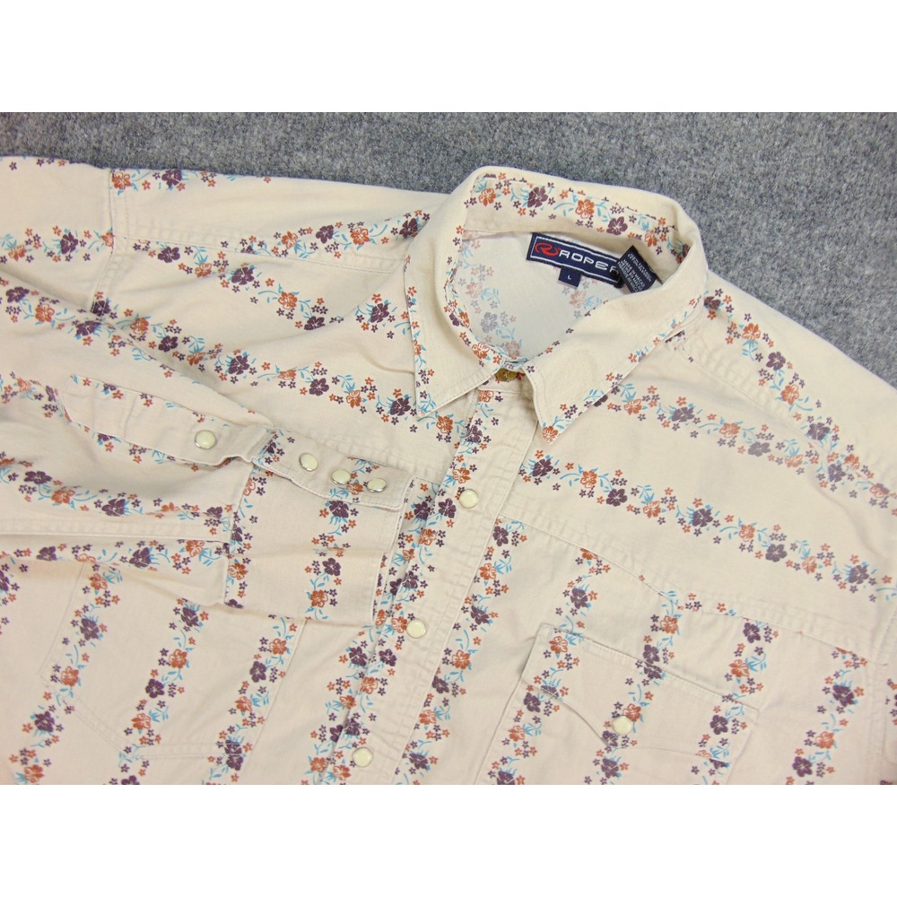 Roper Shirt Mens Large Pearl Snap Beige Floral Stripe Western Cowboy Boho Retro